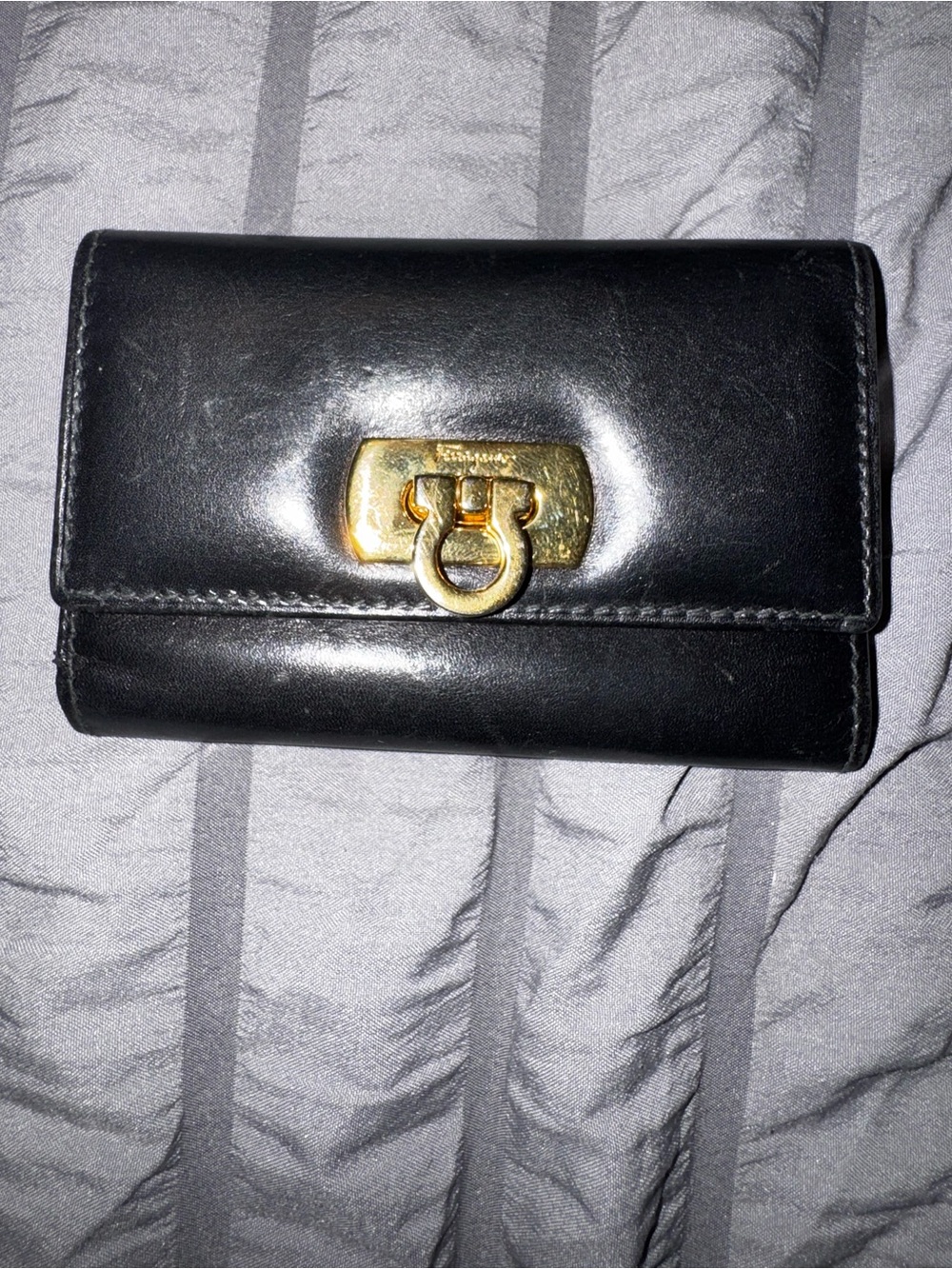 Salvatore Ferragamo Black Leather Trifold key holder with Gold logo